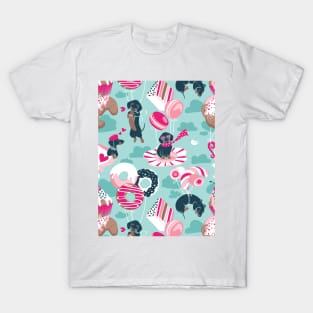 Pastel café sweet love dream // pattern // aqua background fuchsia pink pastry details blue dachshund dog puppies T-Shirt